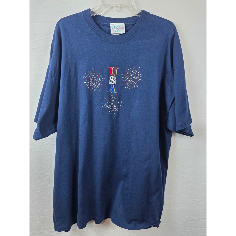 M&C Energy Sportswear USA Rhinestone Firework T-Shirt Navy Blue Women 2XL Cotton